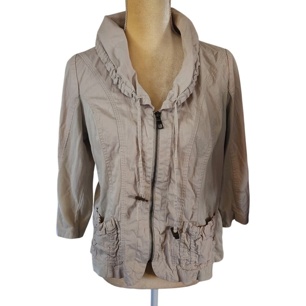 XCVI 11792rs Tan Light Weight Full Zip Ruffle Neck Shacket Jacket Size Large